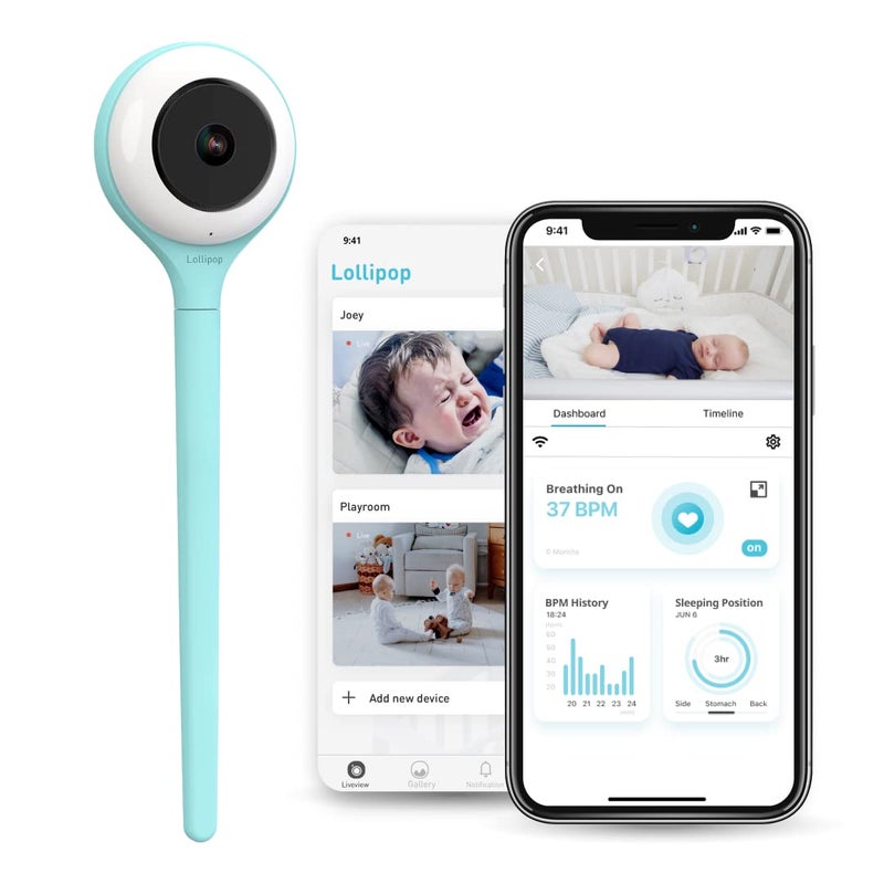 لولي بوب Lollipop Baby Monitor (فيروزي) - كاميرا Wi-Fi ذكية كاملة المزايا للكشف الحقيقي عن البكاء مع خطة إضافية داخل التطبيق لمراقبة التنفس/تتبع النوم - ملحقات مجانية/فترة تجريبية مدتها 7 أيام - Image 1